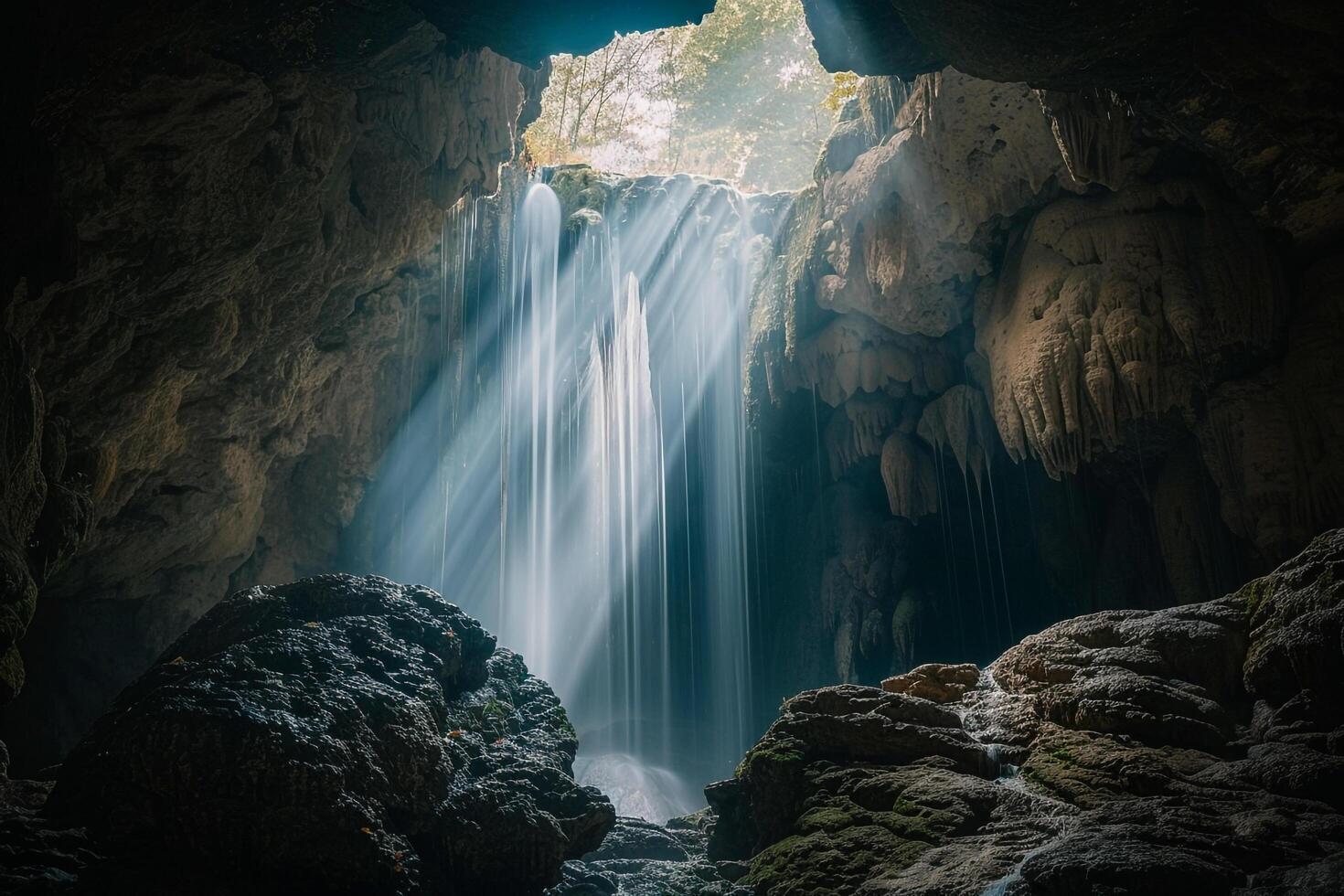 stunning waterfall cascading into a hidden cave with sunlight shafts illuminating the lush surroundings and creating a magical atmosphere. Nature Background photo