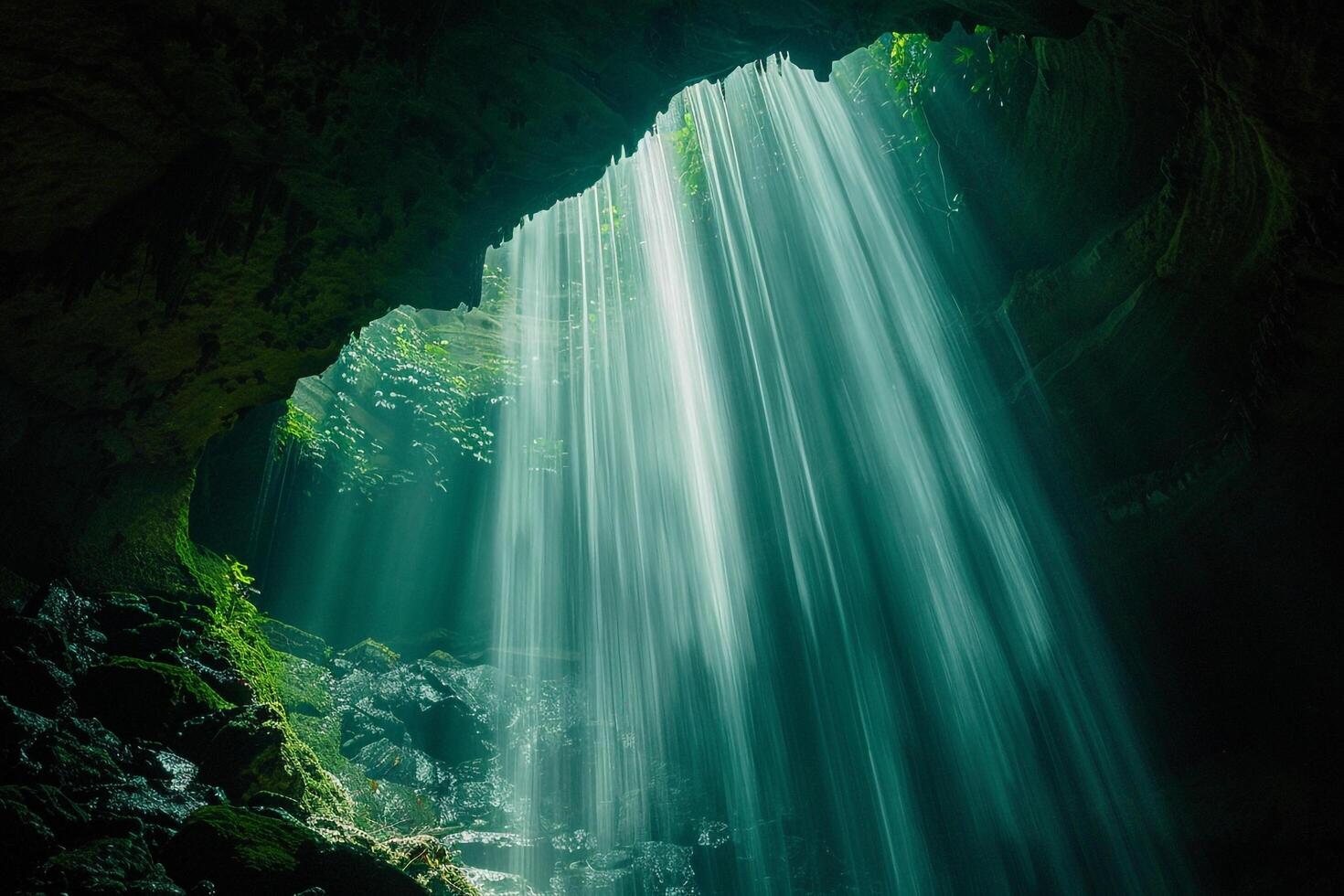 stunning waterfall cascading into a hidden cave with beams of sunlight piercing through the lush green canopy creating a serene and magical environment. Nature Background photo