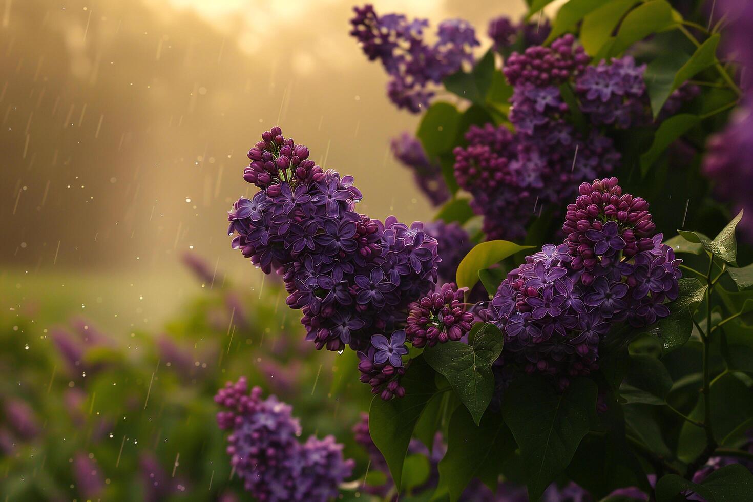 Purple Lilacs in a Nature Garden During a Gentle Spring Rain Background photo