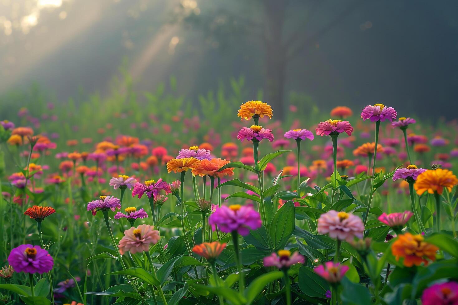 Field of Zinnia Flowers in a Nature Garden Background photo