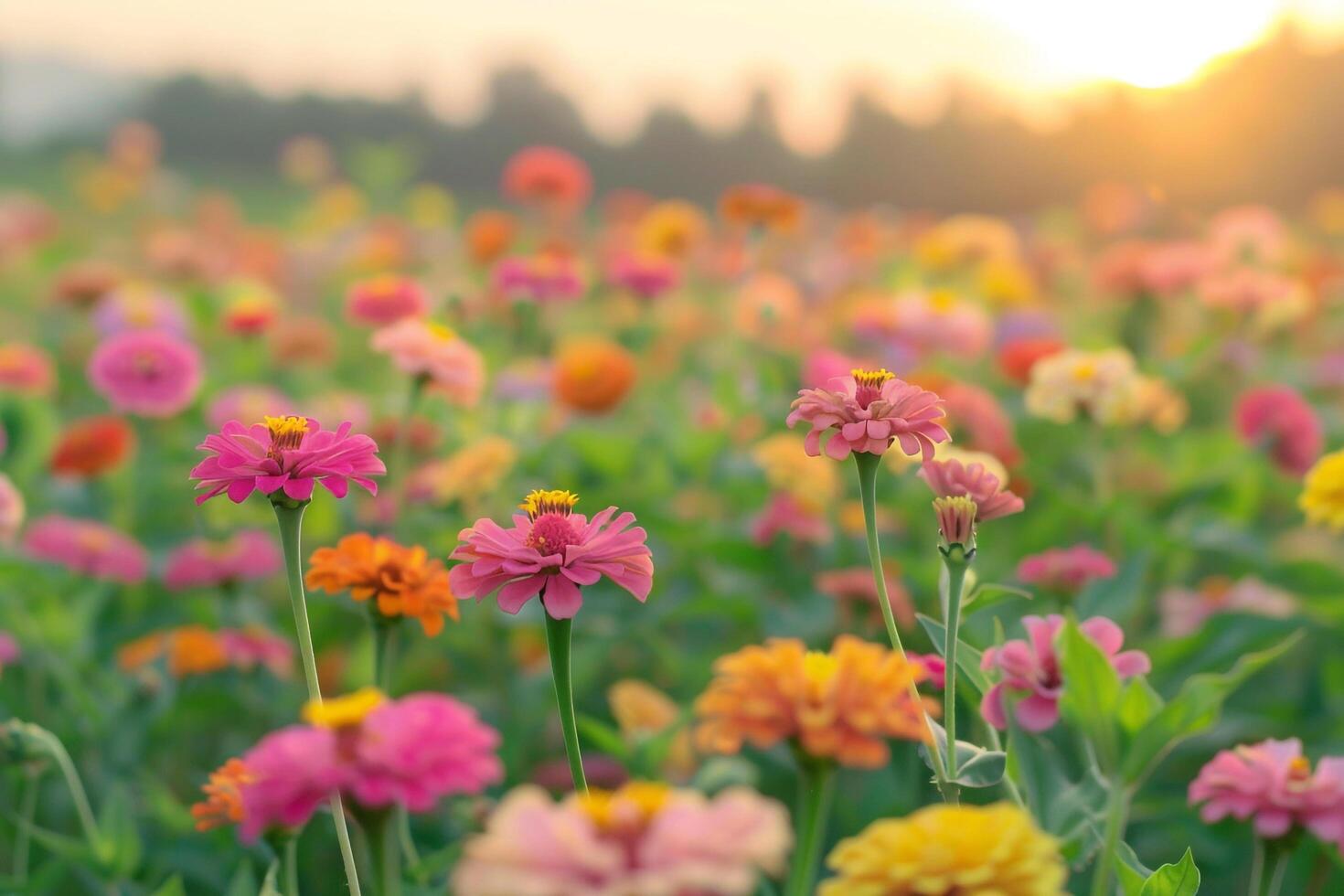 Field of Zinnia Flowers in a Nature Garden Background photo
