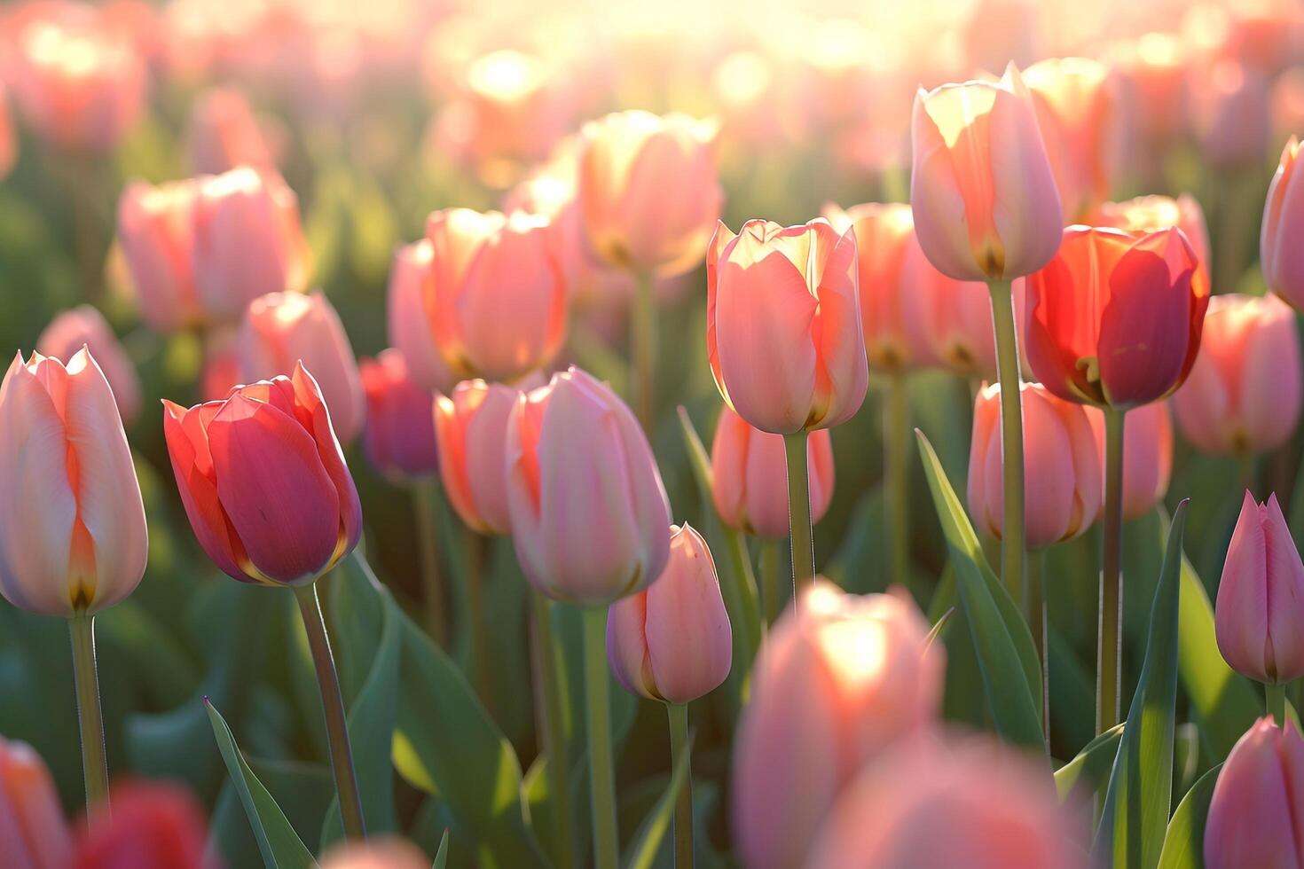 Sunlit Tulip Field in Spring with Nature Background photo