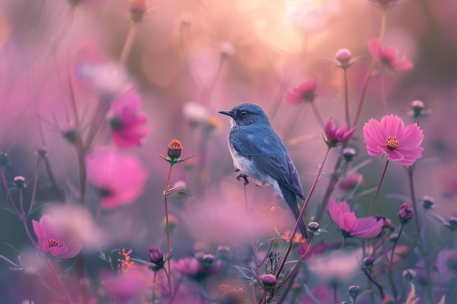Bluebird in Garden with Cosmos and Nature Background photo