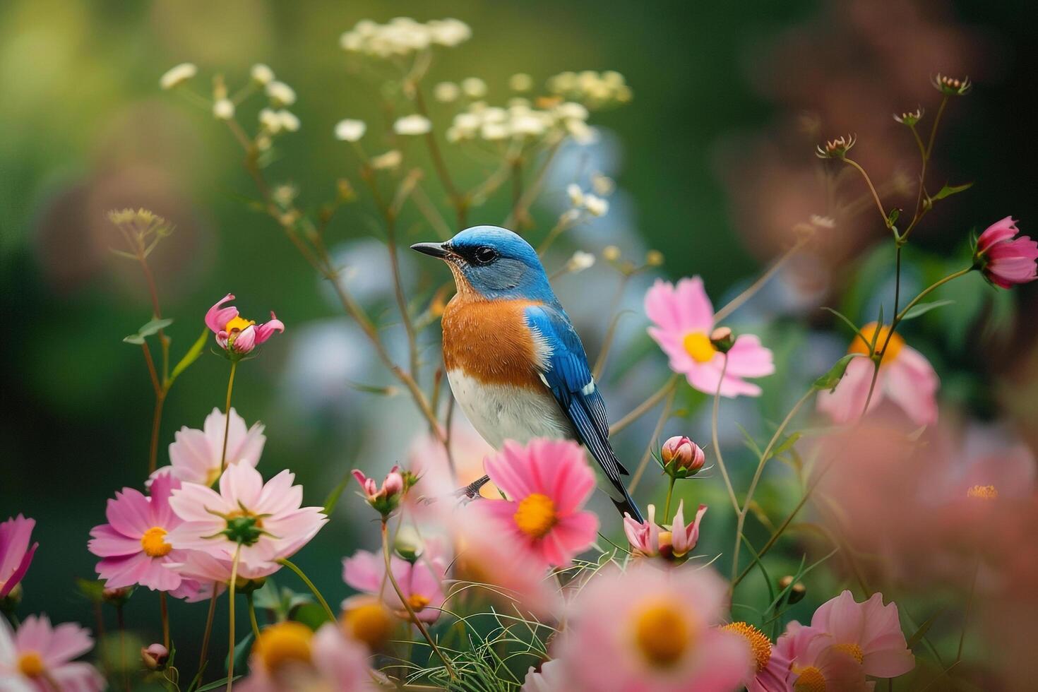 Bluebird in Garden with Cosmos and Nature Background photo