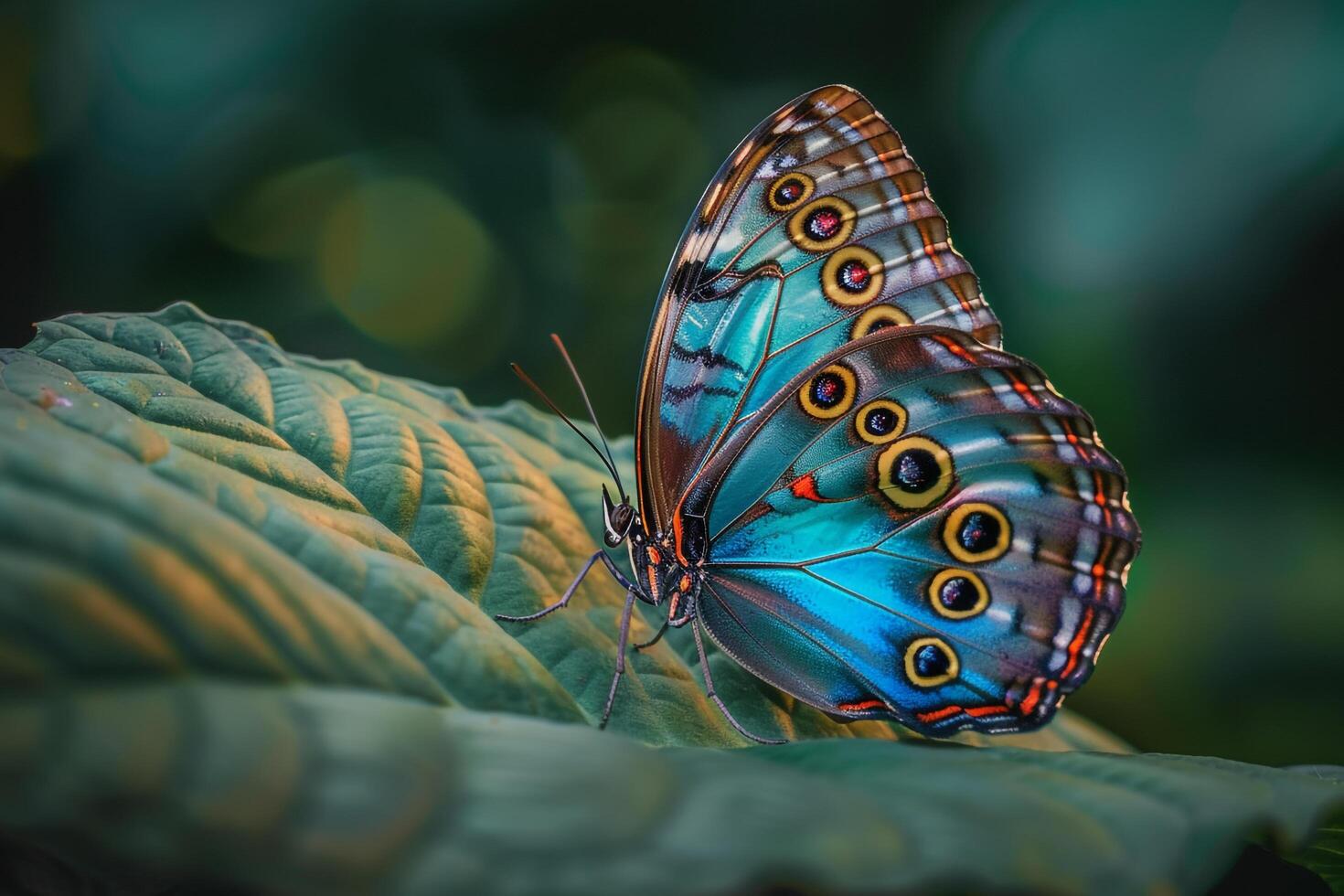 Blue Morpho Butterfly Resting on Bright Green Leaf with Nature Background and Tropical Foliage photo