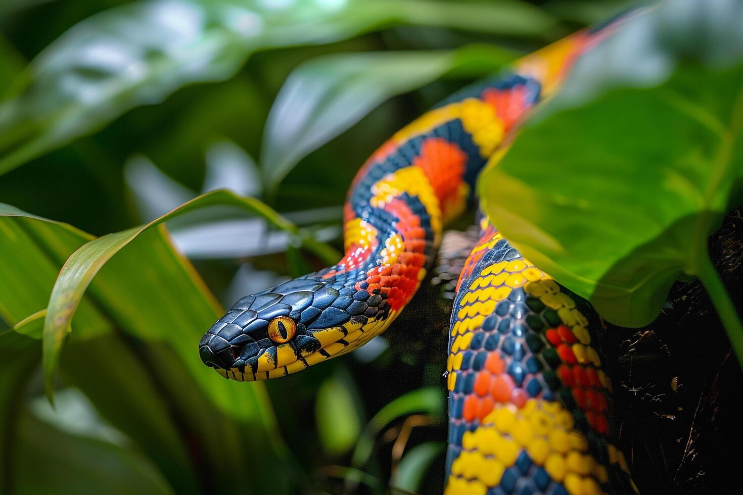 Coral Snake Slithering Through  Foliage in Tropical Garden with Nature Background and Plants photo