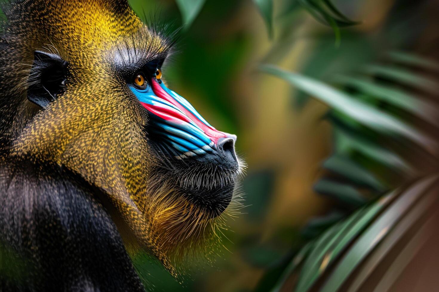 Mandrill Revealing Its Face Markings in Jungle with Nature Background and Dense Greenery photo
