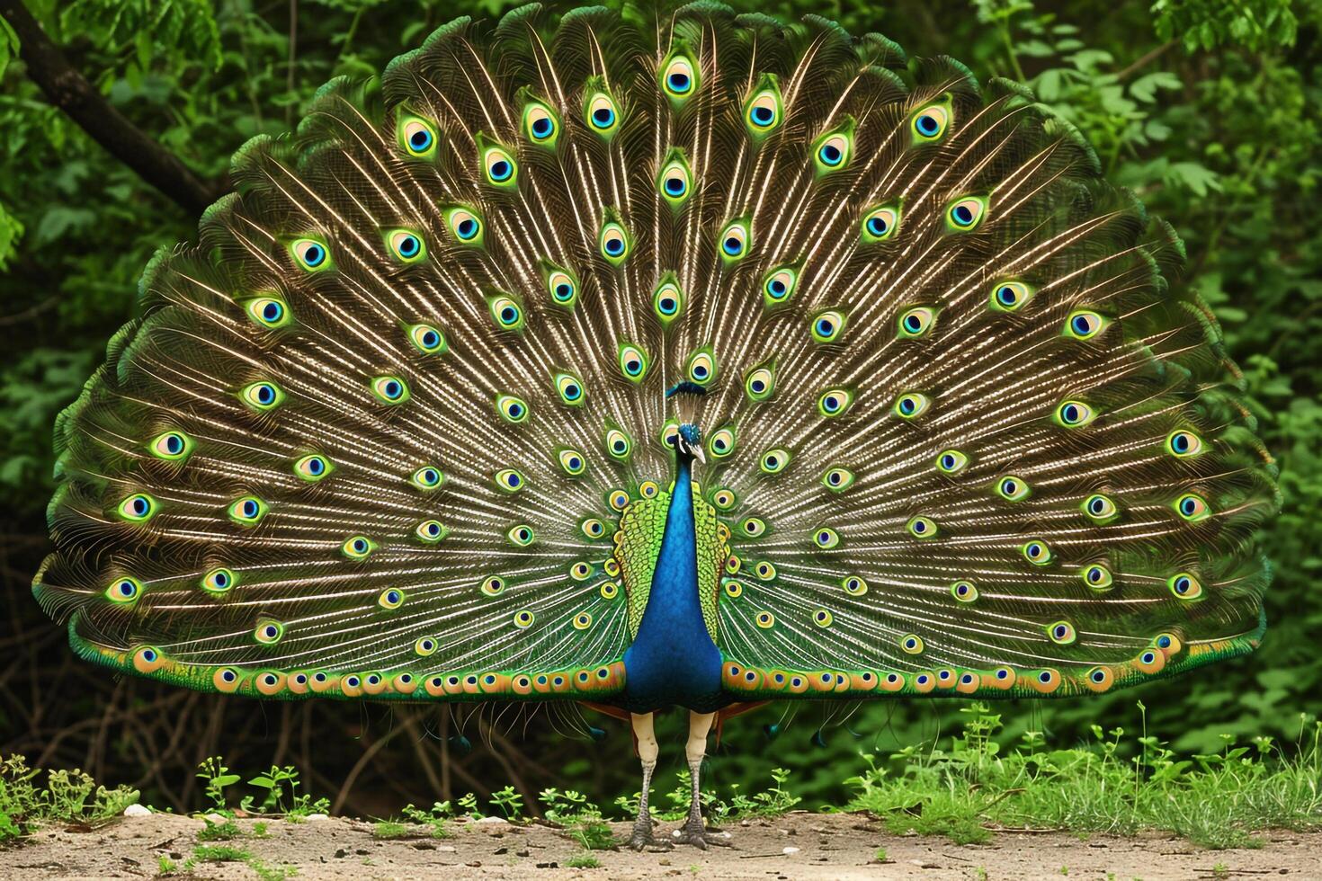 Peacock Presenting Its  Feathers in Full Fan with Nature Background and Majestic Display photo