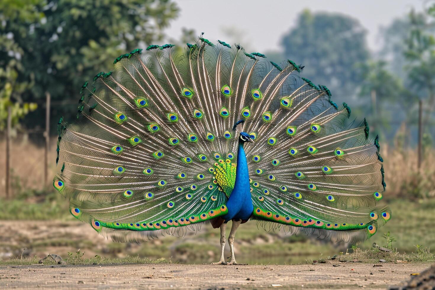 Peacock Displaying Its Feathers in Full Display with Nature Background and Rich Colors photo