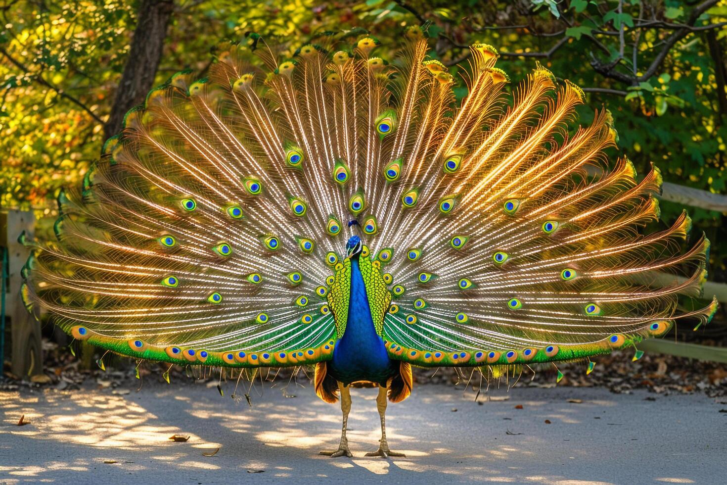 Peacock Displaying Its  Feathers in Full Fan with Nature Background and Exotic Setting photo
