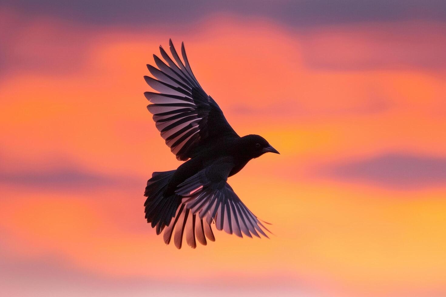 High Speeda Red Winged Blackbird in Mid Flight with Wings Spread Wide Against a  Sunset Sky and Nature Background photo