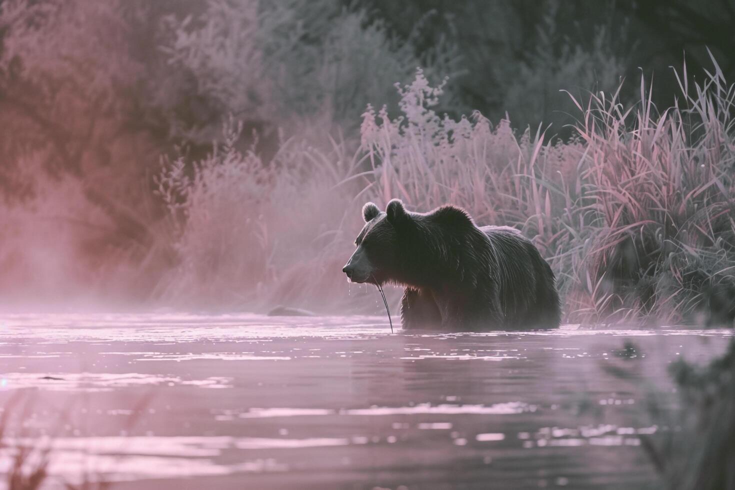 Bear Fishing in a Misty River with Nature Background photo
