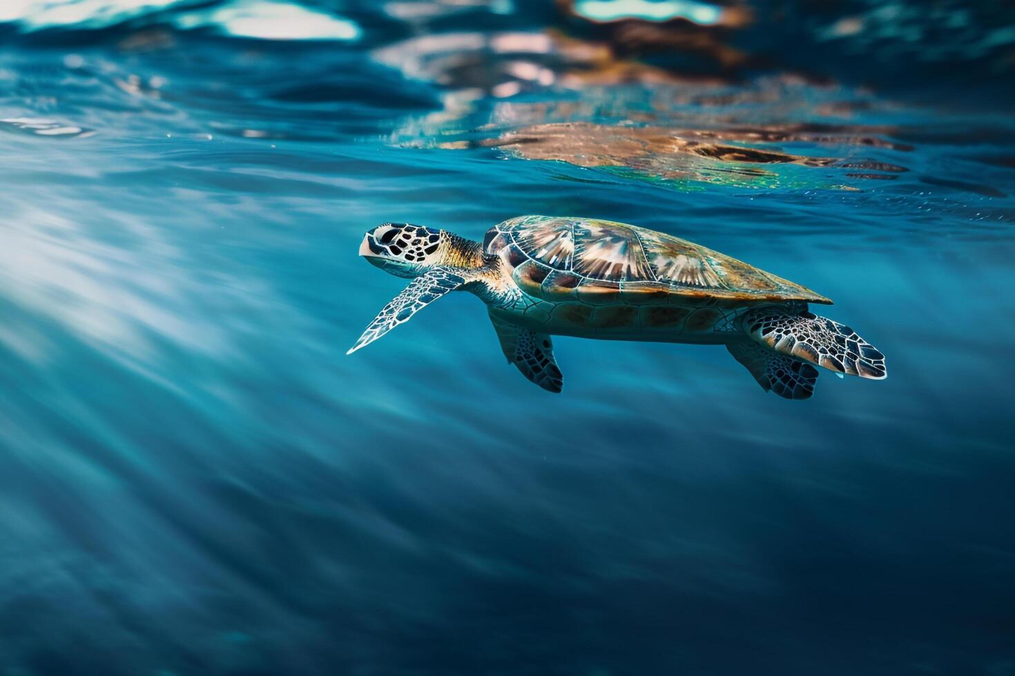Sea Turtle Swimming Gracefully Through the Clear Blue Ocean with Nature and Background photo