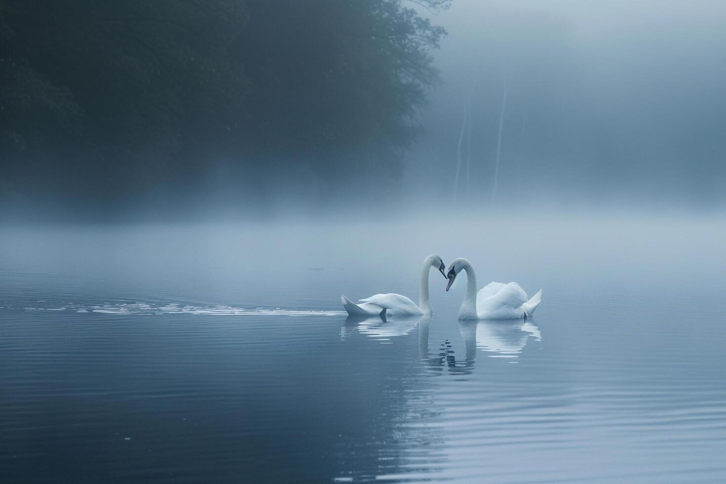Swans Gliding Gracefully on a Mist Covered Lake with Nature and Background photo