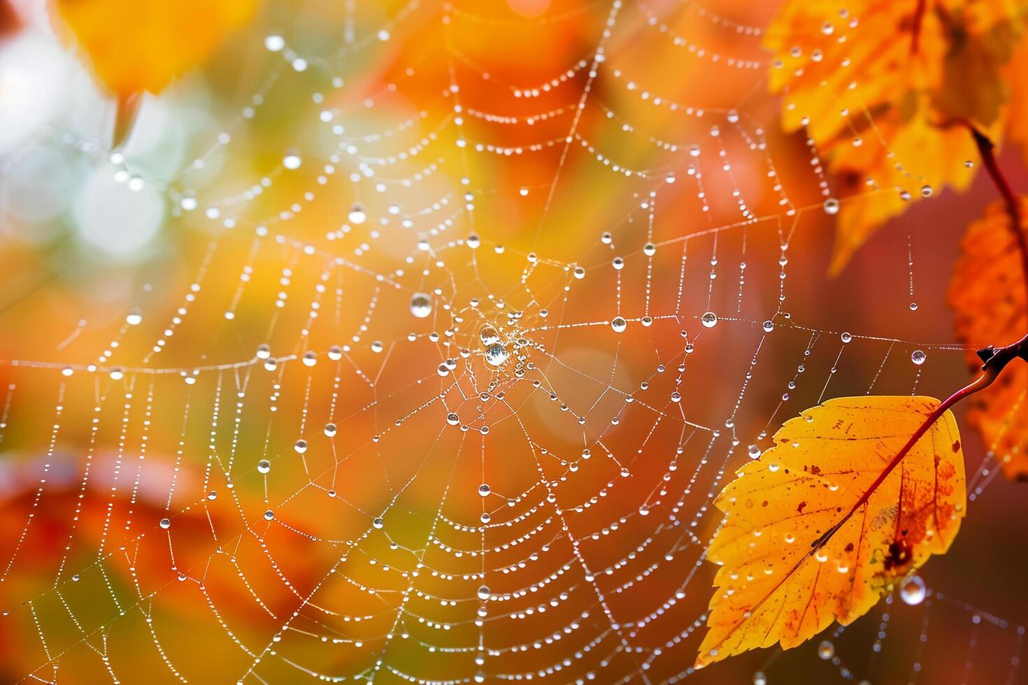 ed Raindrops on a Spider Web Among Autumn Leaves with Nature Background photo