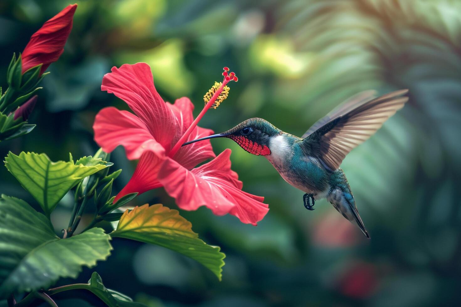 RubyThroated Hummingbird on Red Hibiscus Flower Nature Background photo