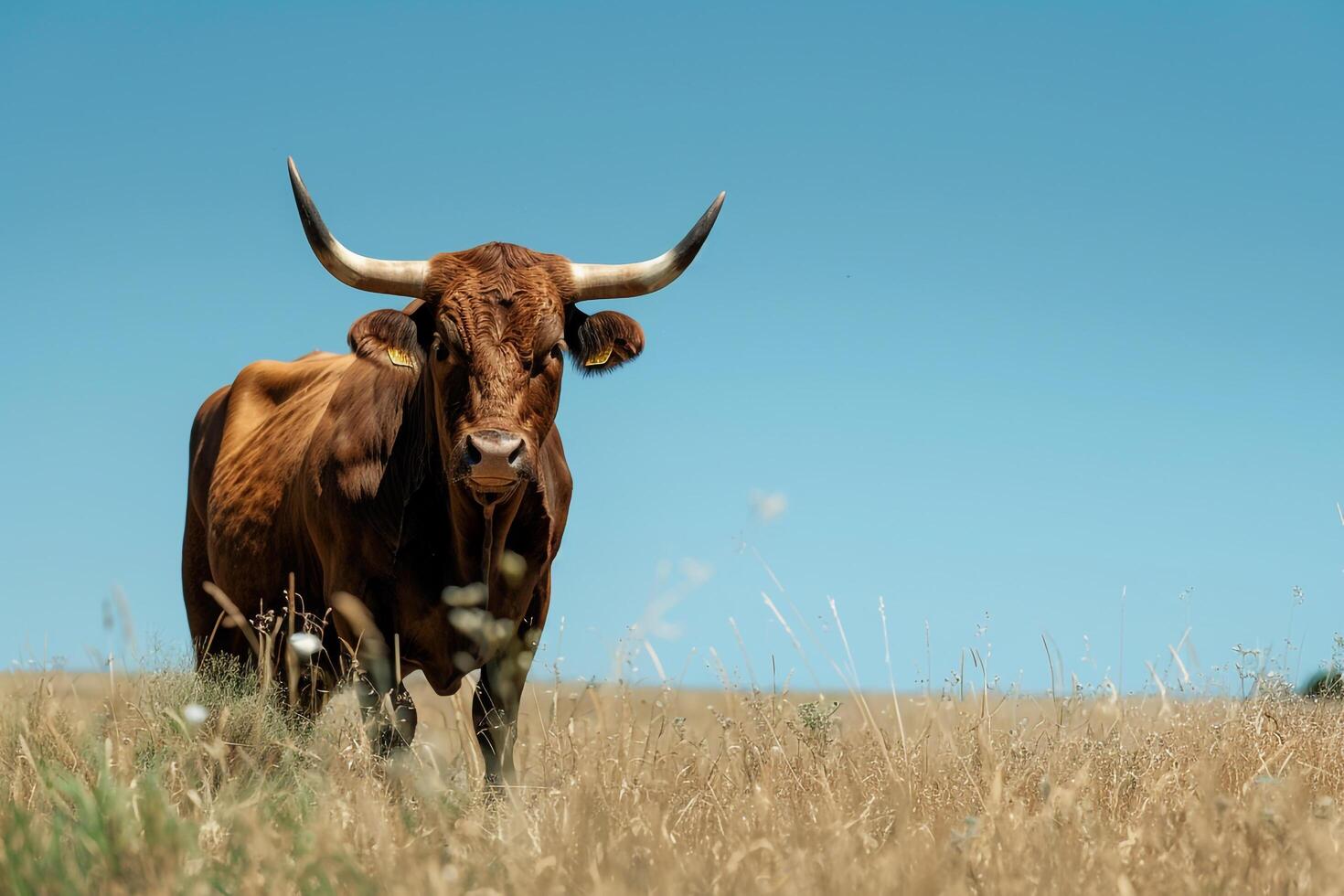 Nature Background of a Majestic Bull Standing Proudly in a Field with a Clear Blue Sky photo