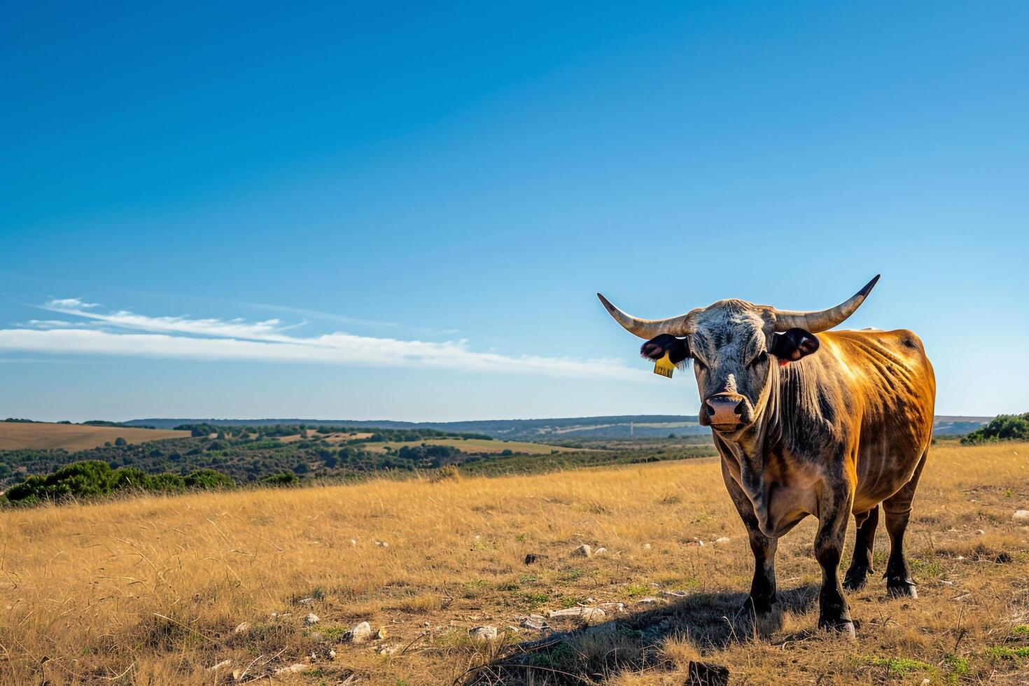 Nature Background of a Majestic Bull Standing Proudly in a Field with a Clear Blue Sky photo