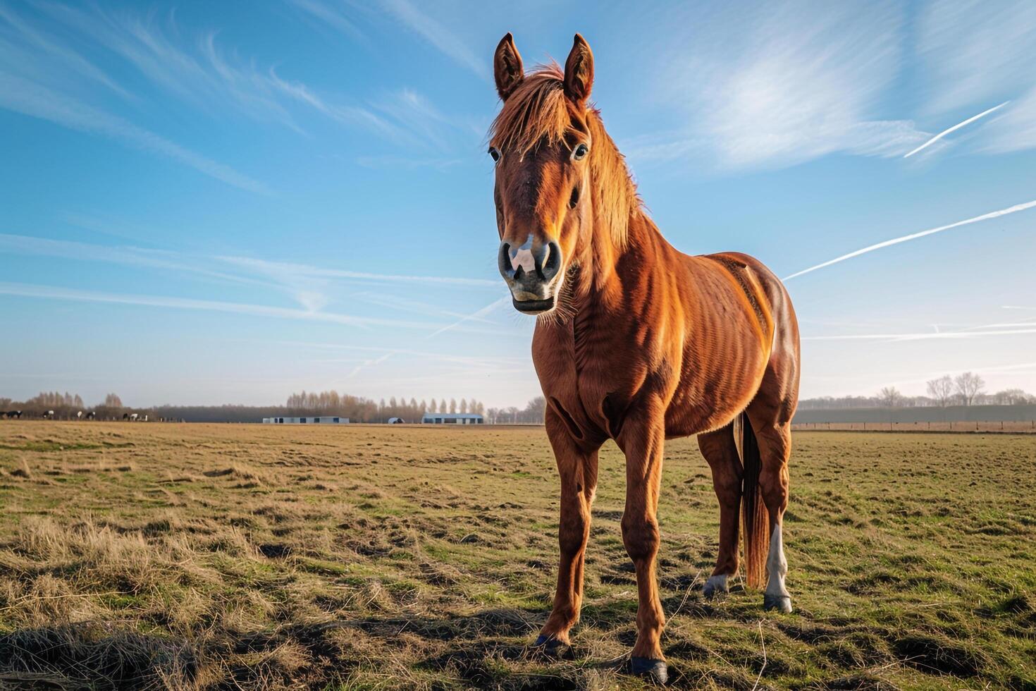 Nature Background of a Majestic Horse Standing Proudly in a Field with a Clear Blue Sky photo