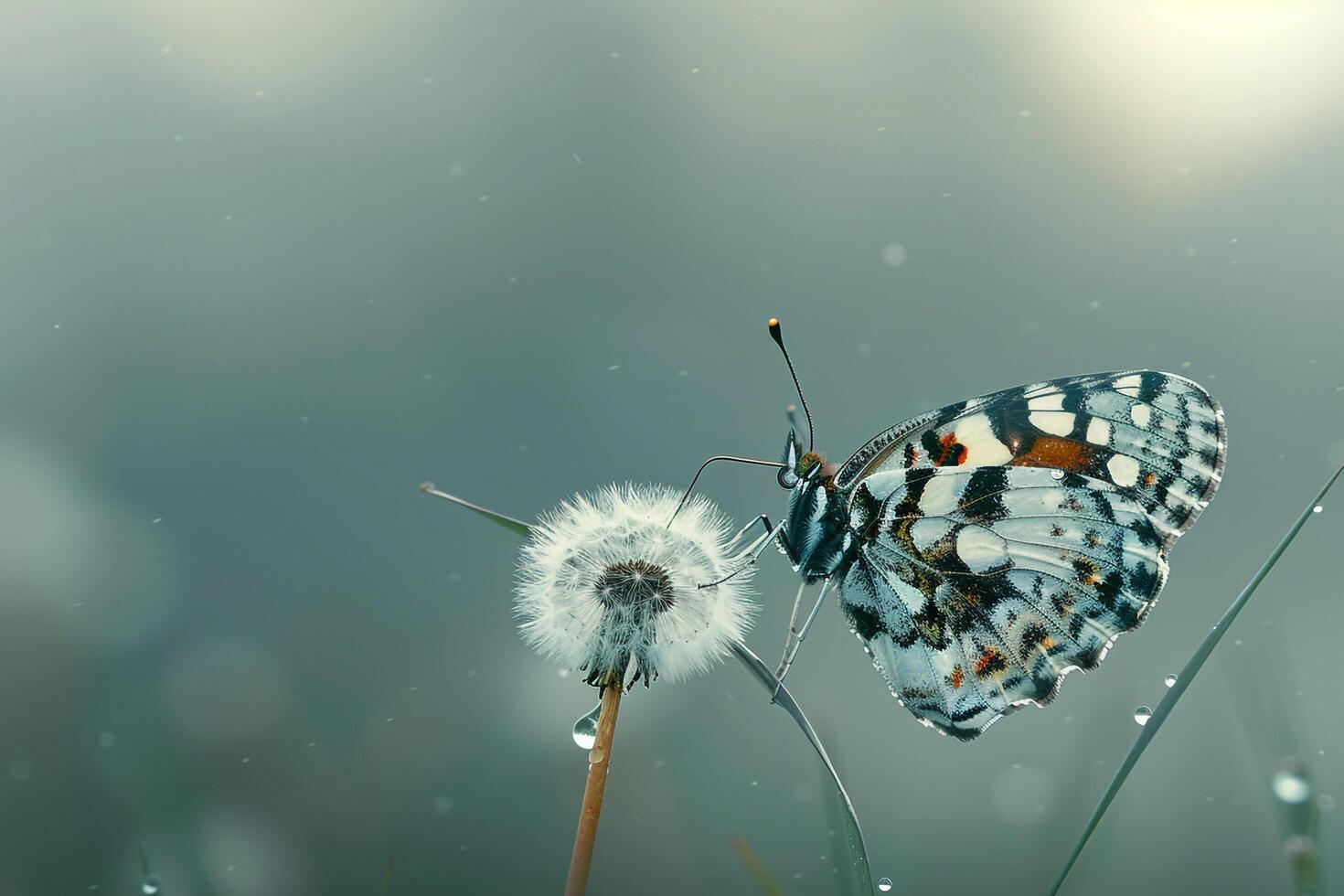 White Admiral Butterfly Resting on a Single Dandelion Seed Head with Soft Morning Dew Nature Background photo