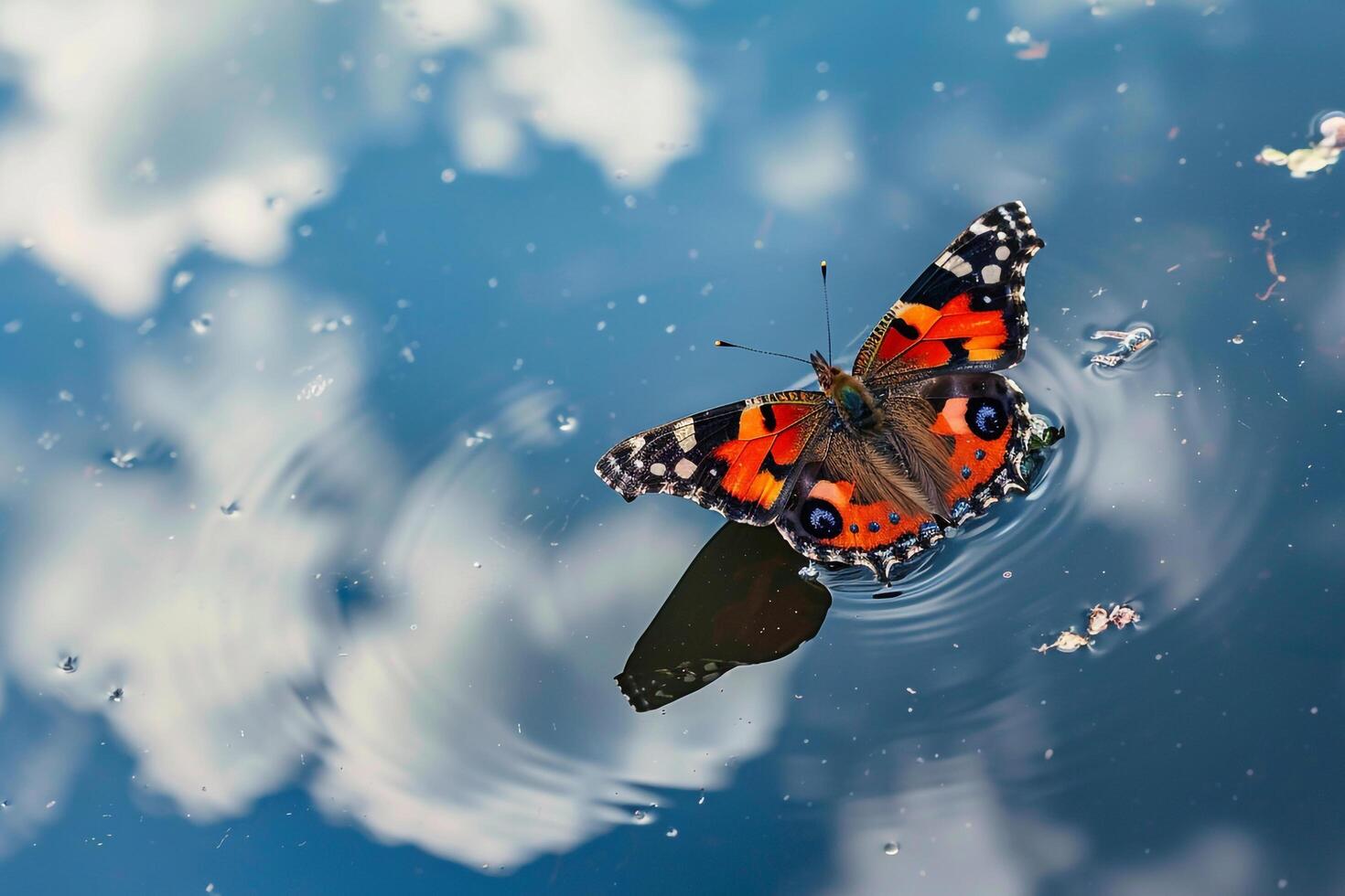 Motiona Red Admiral Butterfly Fluttering Gracefully Around a Tranquil Pond with Reflections of Blue Sky and Clouds on the Waters Surface with Nature Background photo