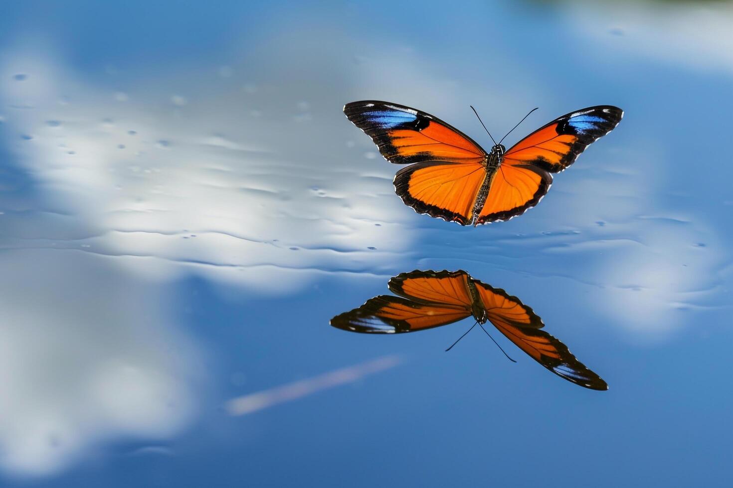 Motiona Julia Longwing Butterfly Fluttering Gracefully Over a Serene Lake with Reflections of Blue Sky and Clouds on the Waters Surface photo