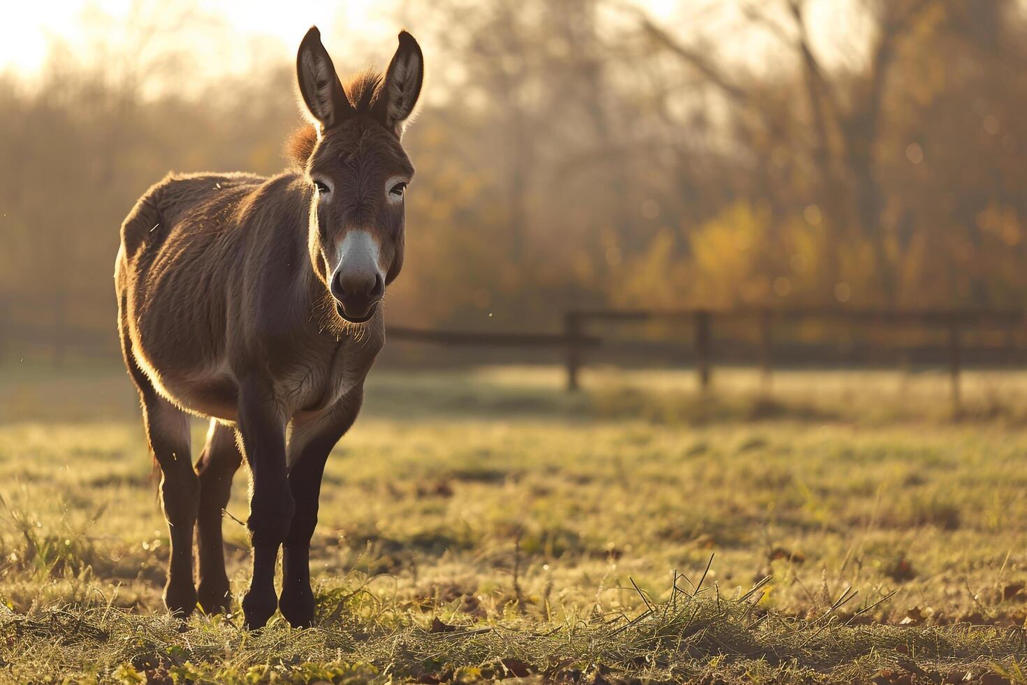 Donkey Standing Quietly in a Sunlit Field Nature Background photo