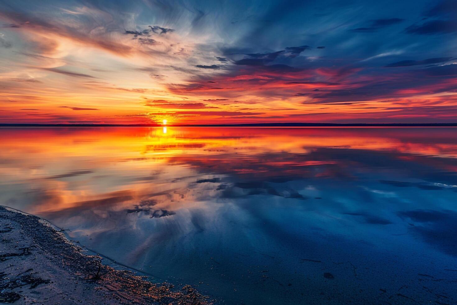 calm lake reflecting a sunset nature background photo