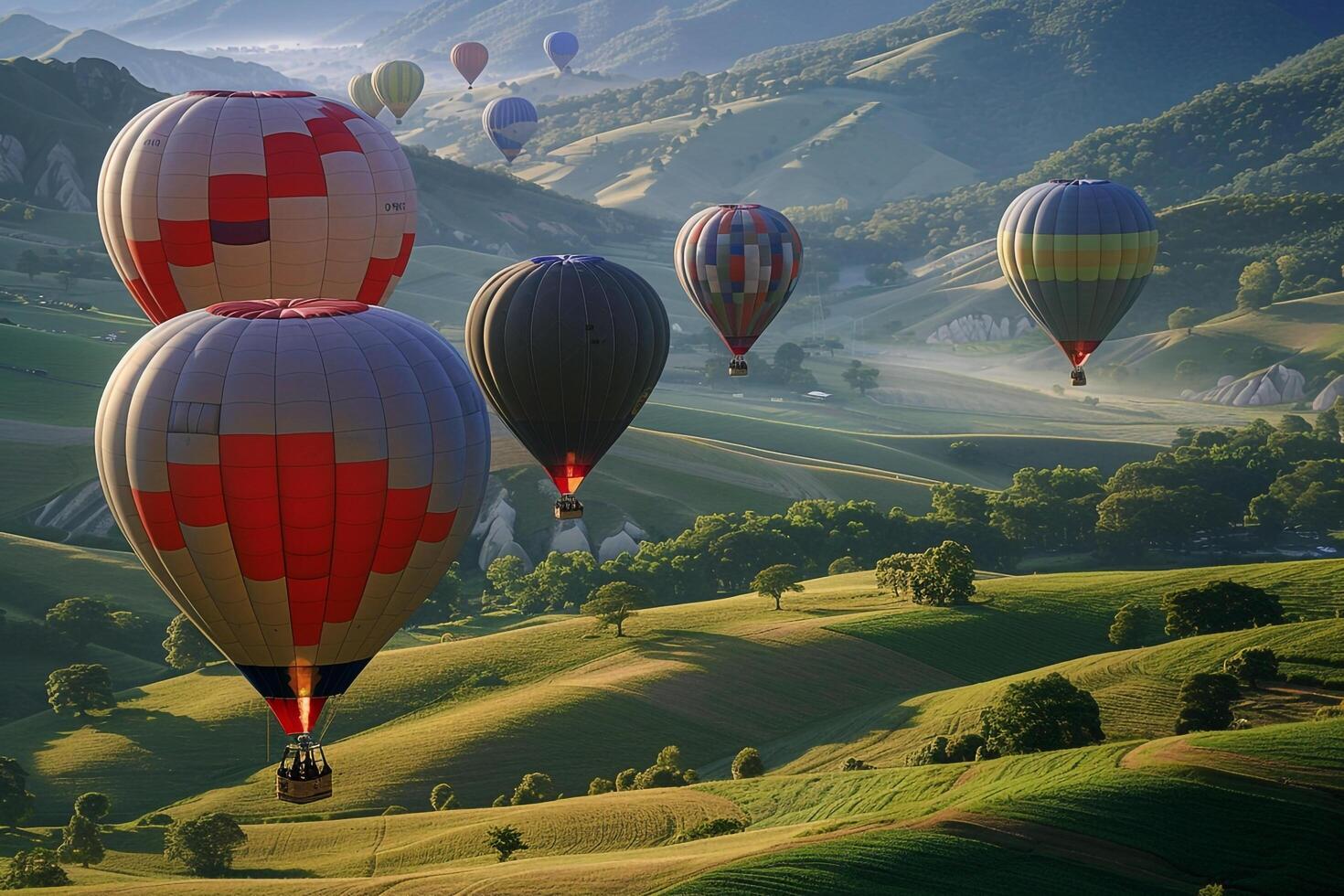 hot air balloons floating over a green valley nature background photo