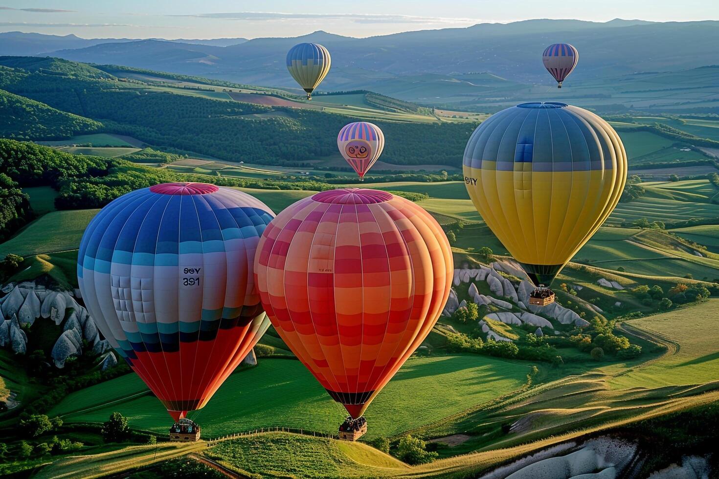 hot air balloons floating over a green valley nature background photo