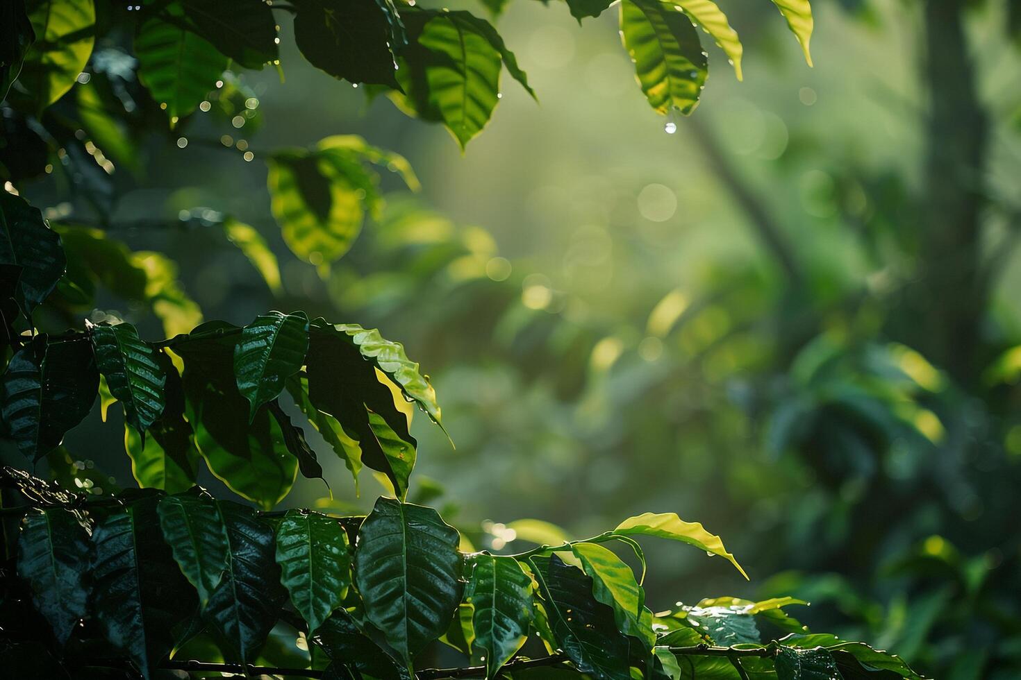 Morning light filtering through coffee trees in a peaceful plantation nature background photo