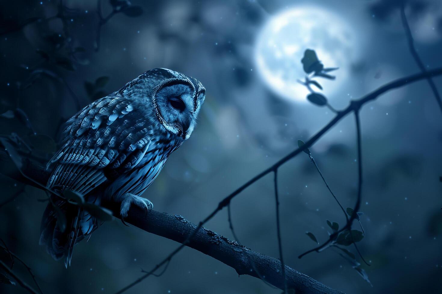 owl perched on a branch under a full moon nature background photo