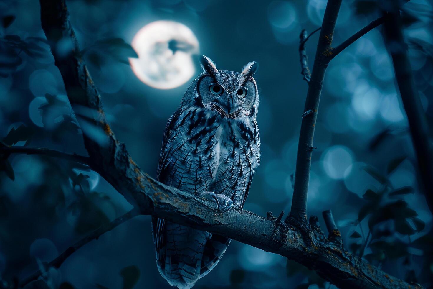 owl perched on a branch under a full moon nature background photo