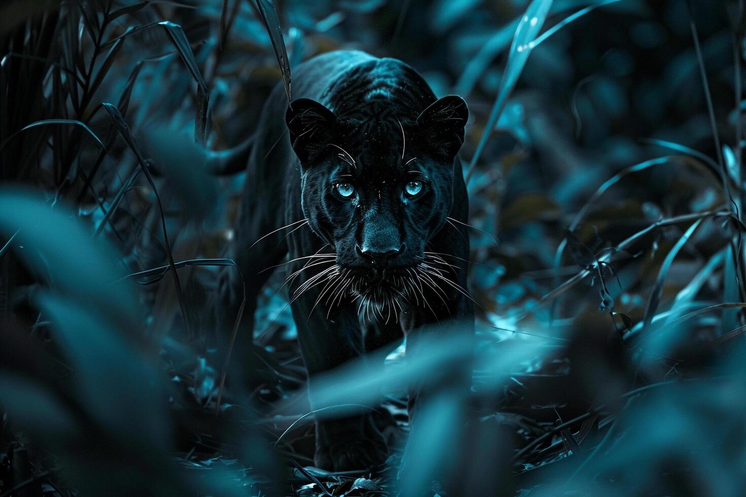 black panther stealthily moving through dense jungle undergrowth at night nature background photo