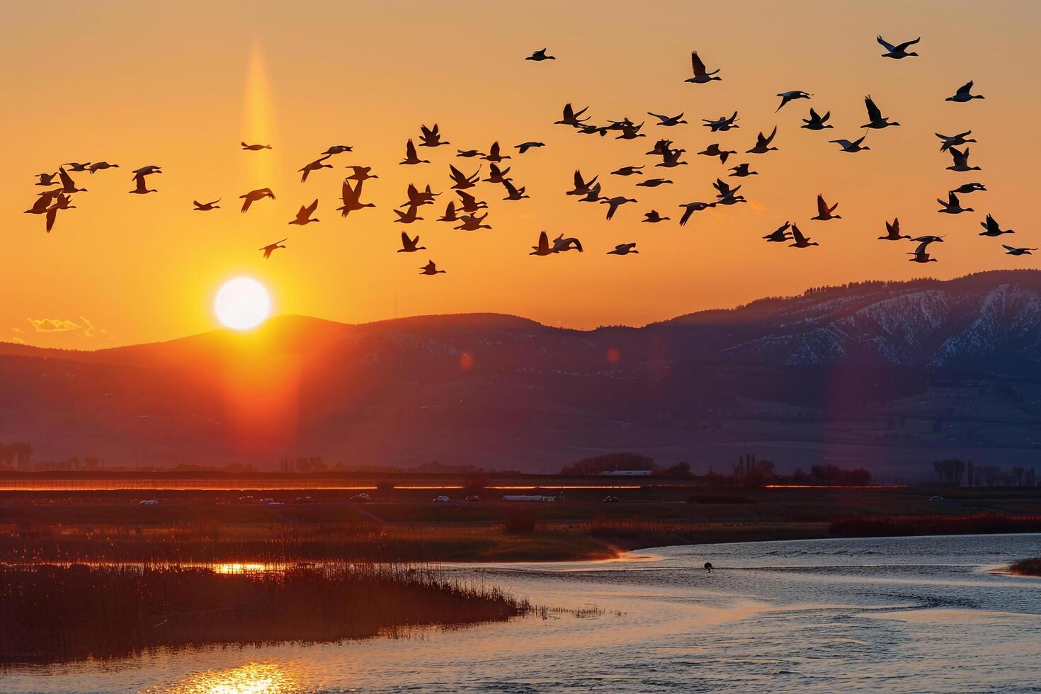 Panoramica flock of geese flying over a vast wetland during sunset nature background photo
