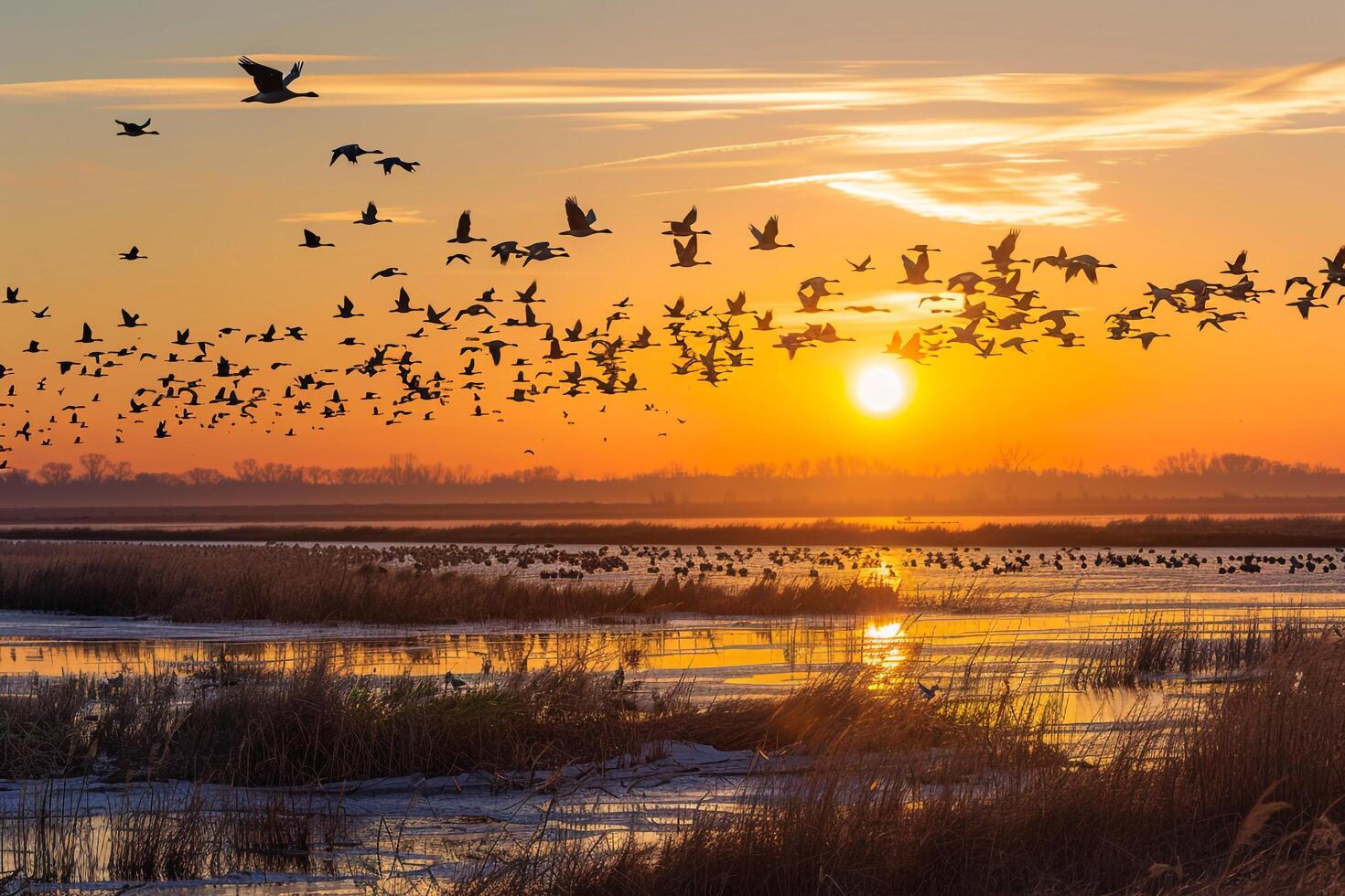 Panoramica flock of geese flying over a vast wetland during sunset nature background photo