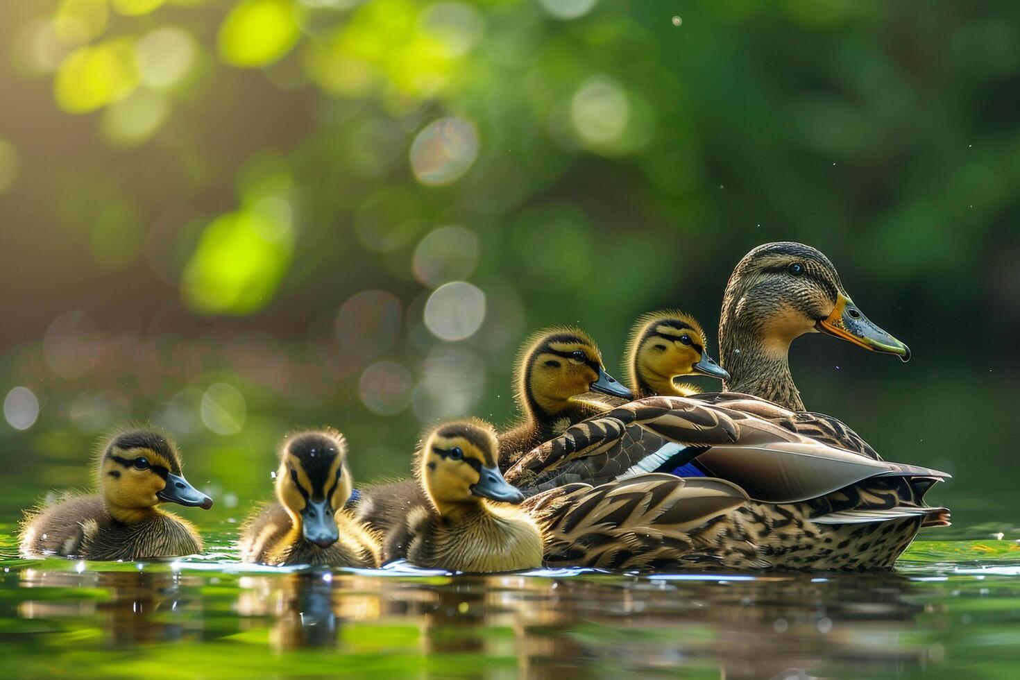 family of ducks swimming peacefully in a tranquil pond nature background photo