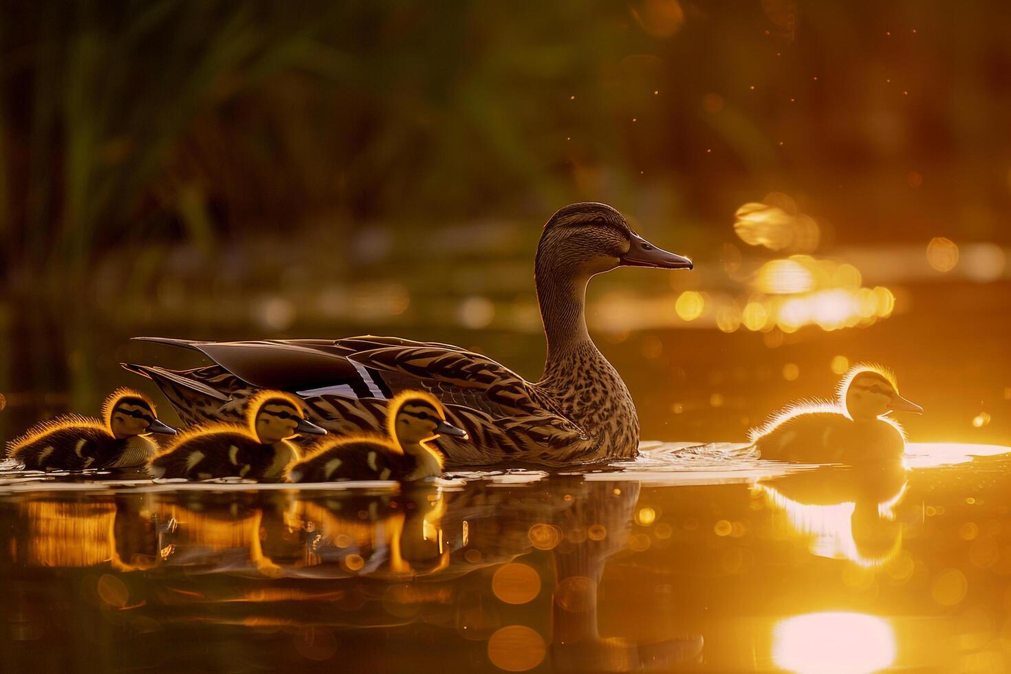 family of ducks swimming peacefully in a tranquil pond nature background photo