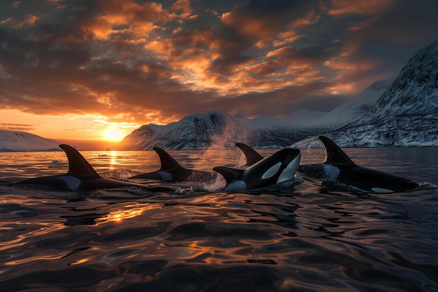 pod of orcas swimming in the Arctic waters under the midnight sun nature background photo