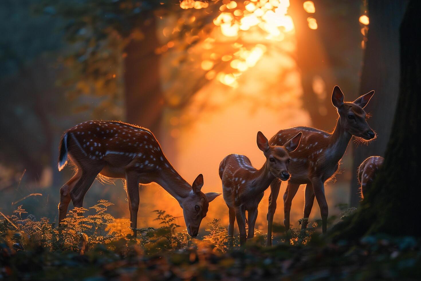 family of deer grazing in a forest clearing at dawn nature background photo