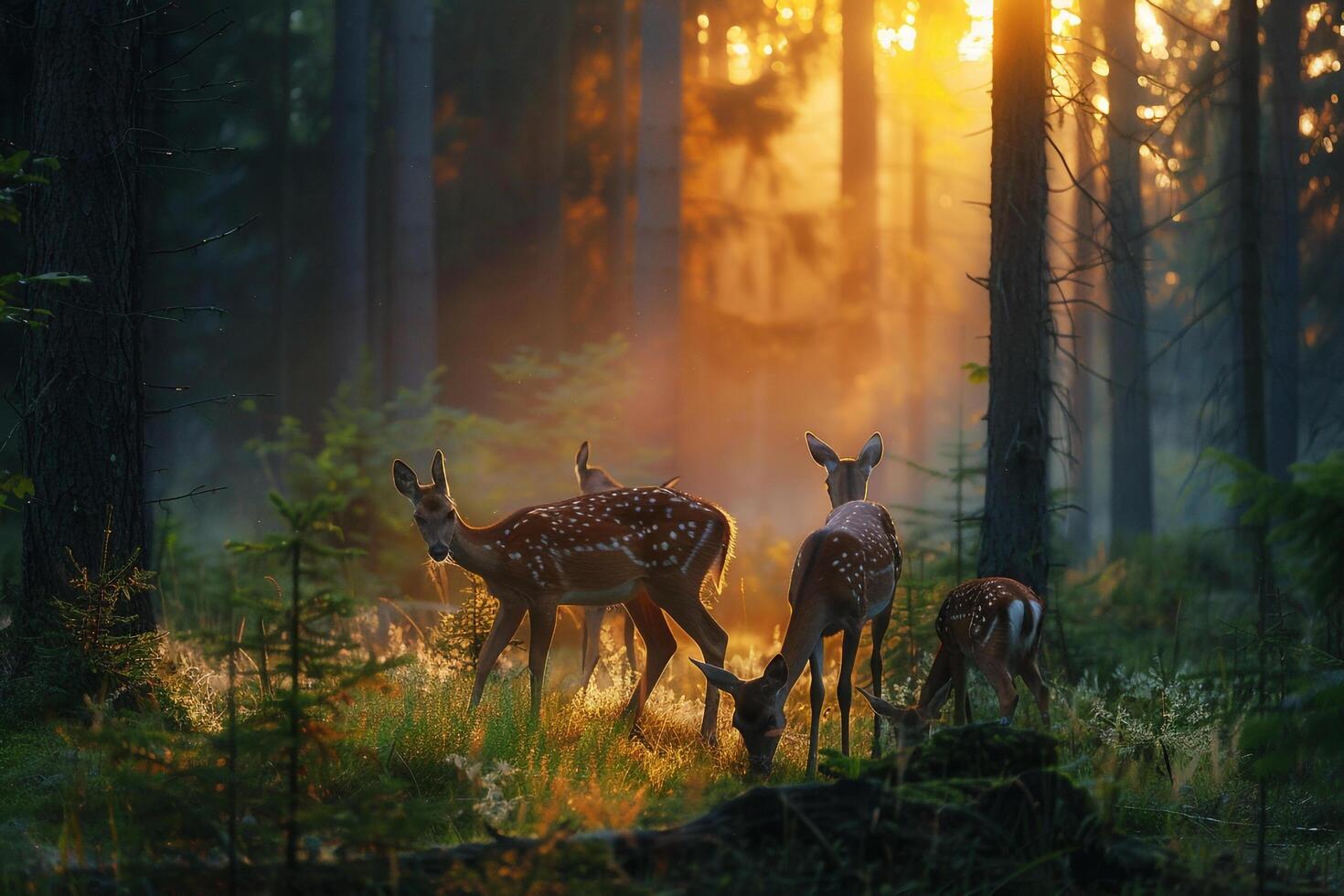 family of deer grazing in a forest clearing at dawn nature background photo