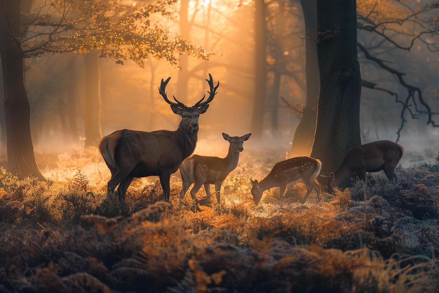 family of deer grazing in a forest clearing at dawn nature background photo