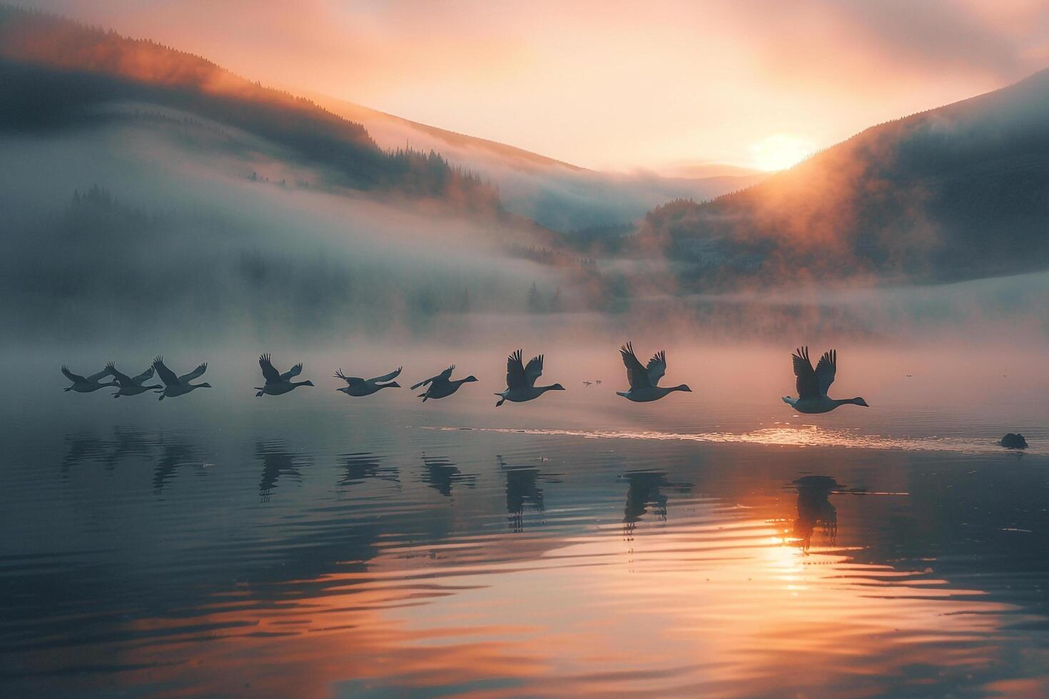 Panoramica flock of Canada Geese gliding over a serene lake at sunrise surrounded by misty mountains nature background photo