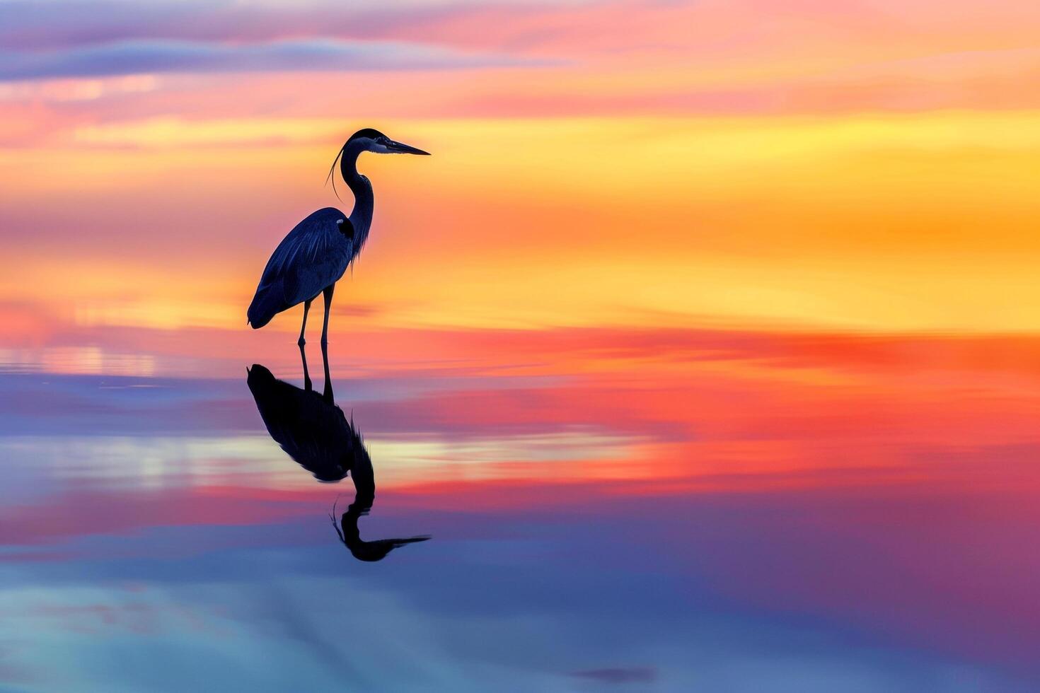 Reflection of a Heron Standing Gracefully in Still Water Mirrored Against a Sunset Sky Nature Background photo