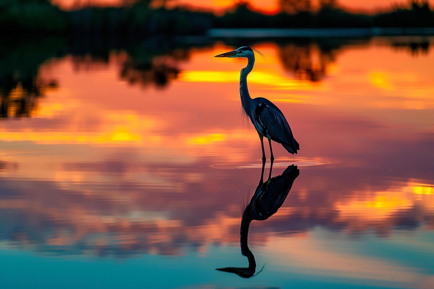 Reflection of a Heron Standing Gracefully in Still Water Mirrored Against a Sunset Sky Nature Background photo
