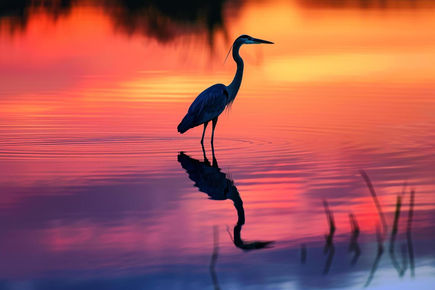 Reflection of a Heron Standing Gracefully in Still Water Mirrored Against a Sunset Sky Nature Background photo