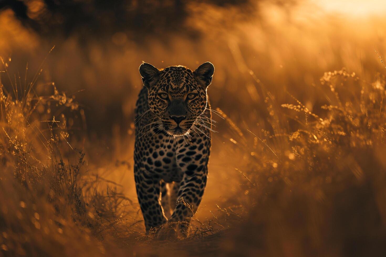 Leopard Stalking in the African Savannah Nature Background photo