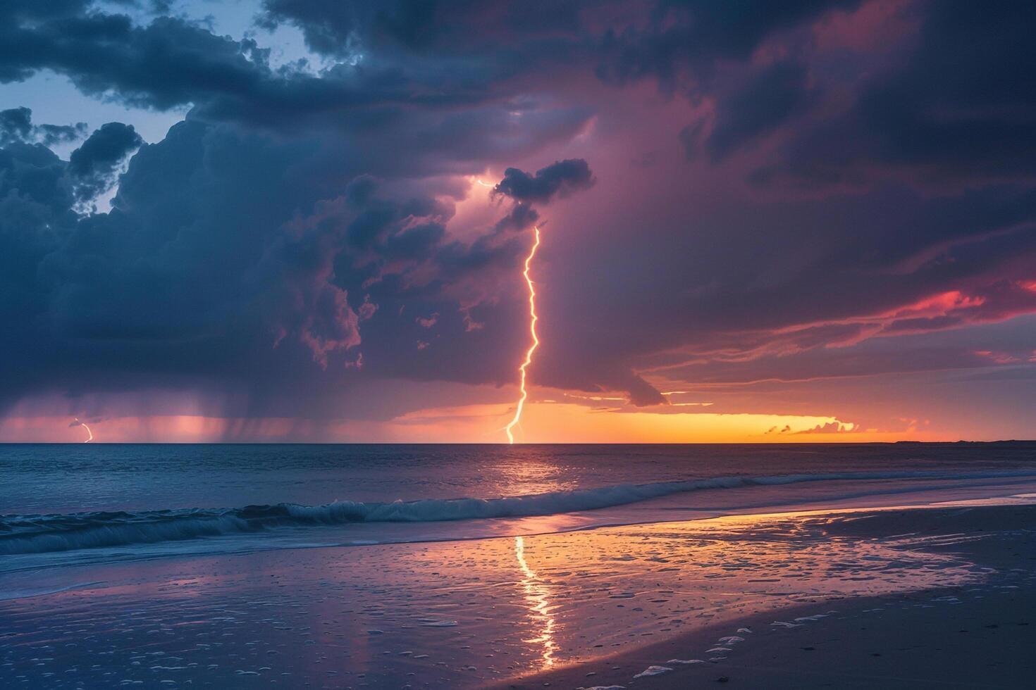 Stormy Sunrise with Lightning Over Ocean Nature Background photo