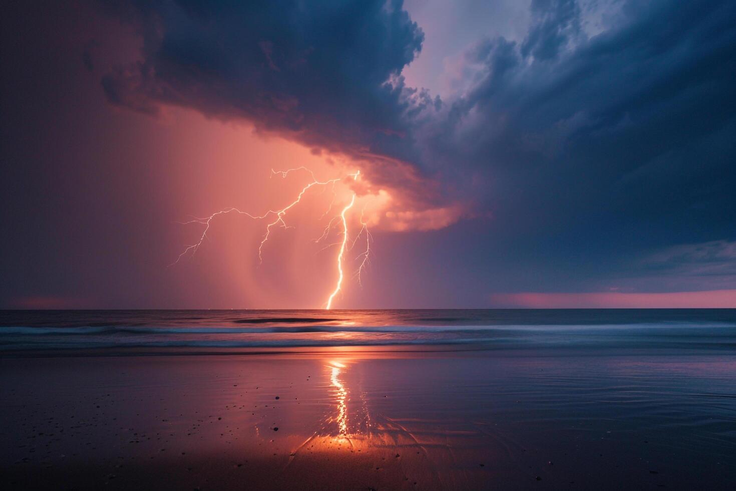 Stormy Sunrise with Lightning Over Ocean Nature Background photo
