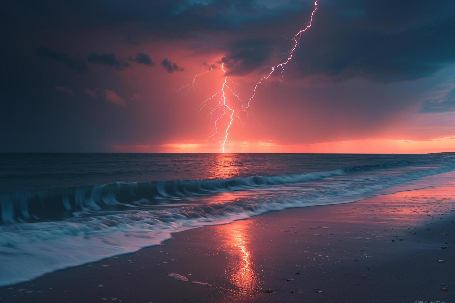 Stormy Sunrise with Lightning Over Ocean Nature Background photo